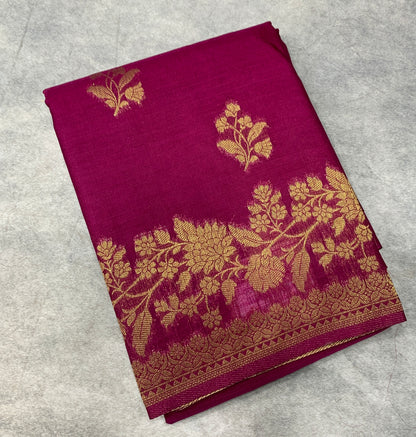 Kora Silk Saree Magenta Colour with Flower Design Border
