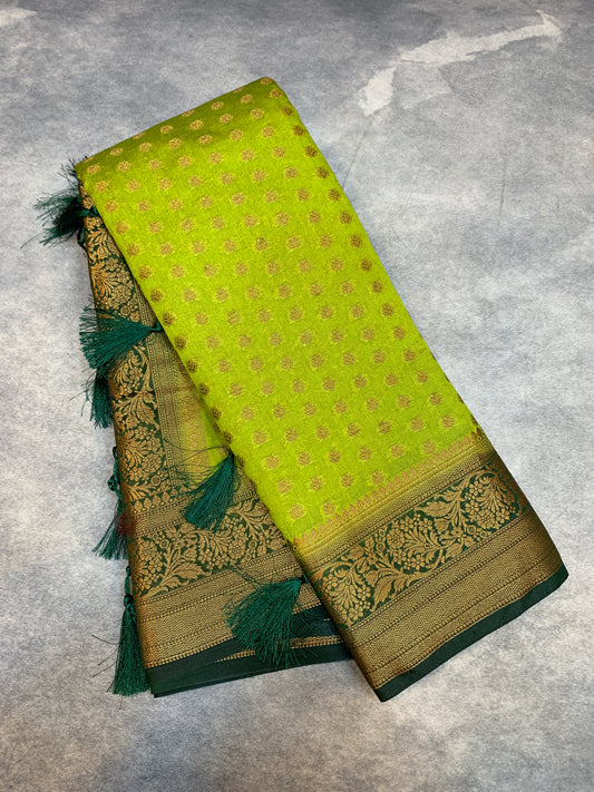 Crepe Saree Olive Green Colour with Green Border