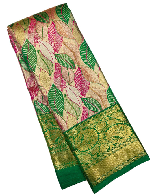 Pink & Green Leaf Soft Kanchi Tissue Pattu Saree with Green border