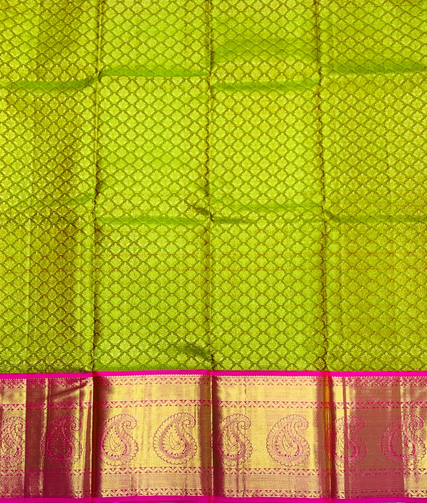 Parrot Green shade Pure Kanchipuram Kids Pattu Pavadai with contrast border for age 5 to 10