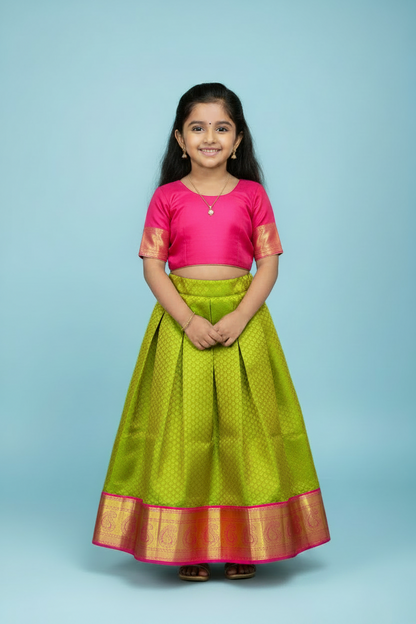 Parrot Green shade Pure Kanchipuram Kids Pattu Pavadai with contrast border for age 5 to 10