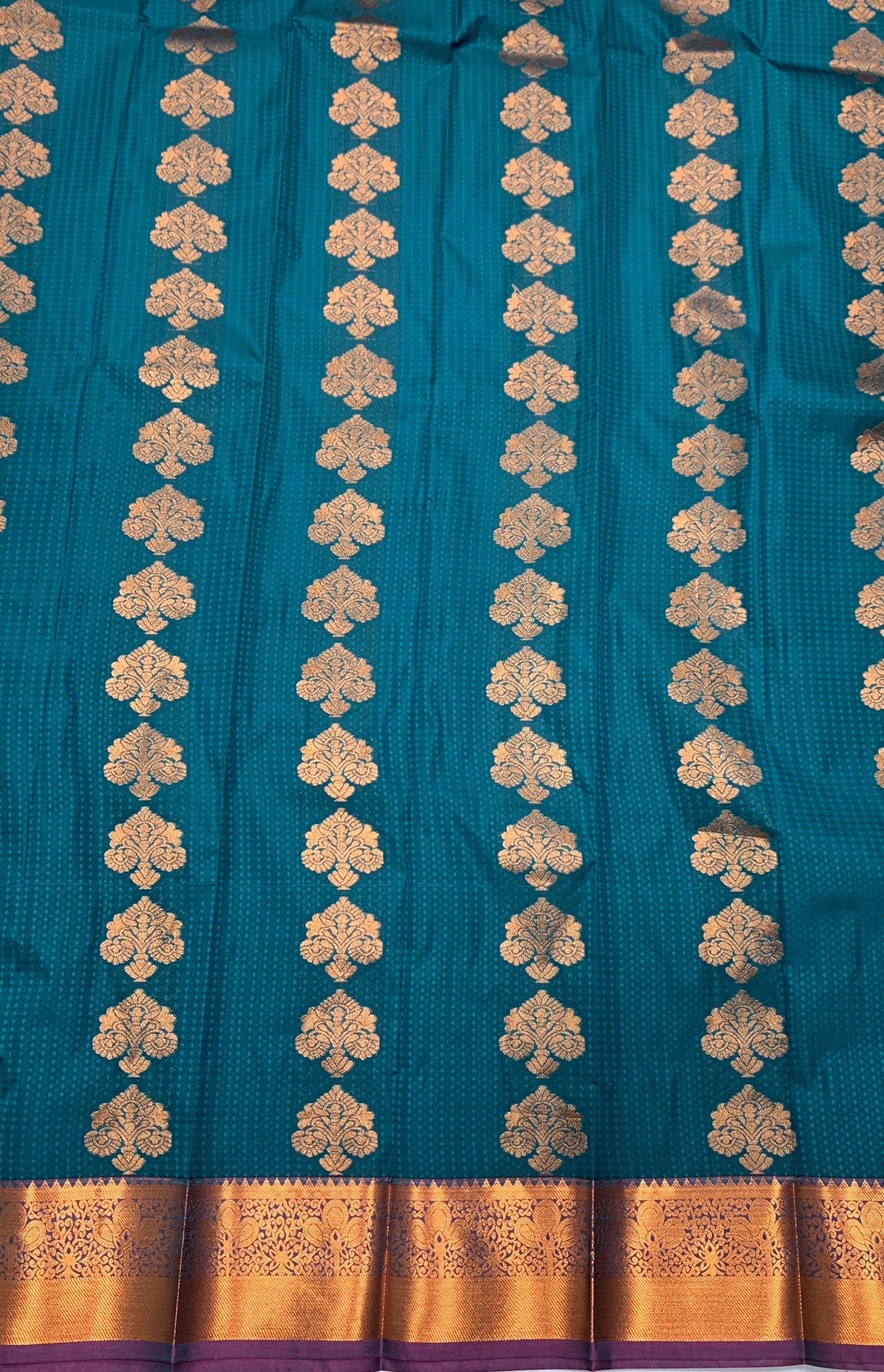 Vegan Silk Saree Peacock Green shade with Copper Border