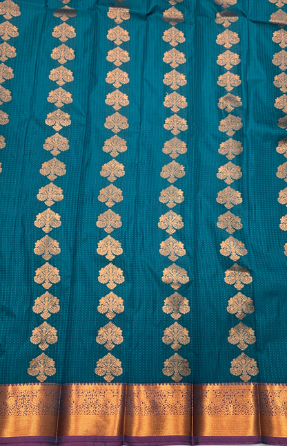 Vegan Silk Saree Peacock Green shade with Copper Border