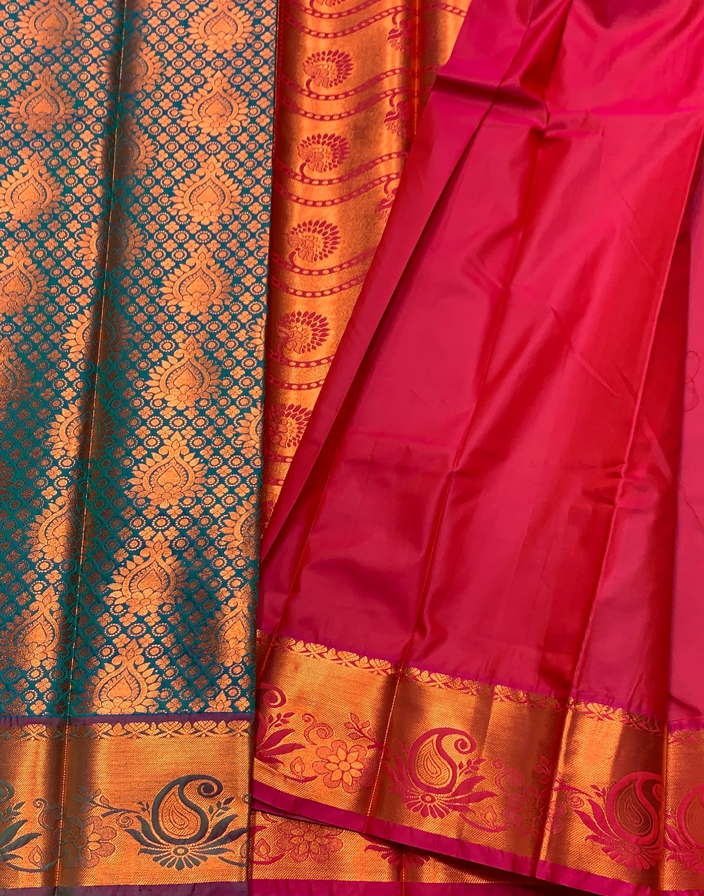 Vegan Silk Saree Peacock Green Colour with Pink and Copper Border