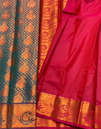 Vegan Silk Saree Peacock Green Colour with Pink and Copper Border