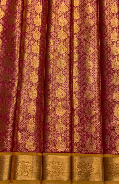 Vegan Silk Saree Pink Colour with Copper and Golden Yellow Border