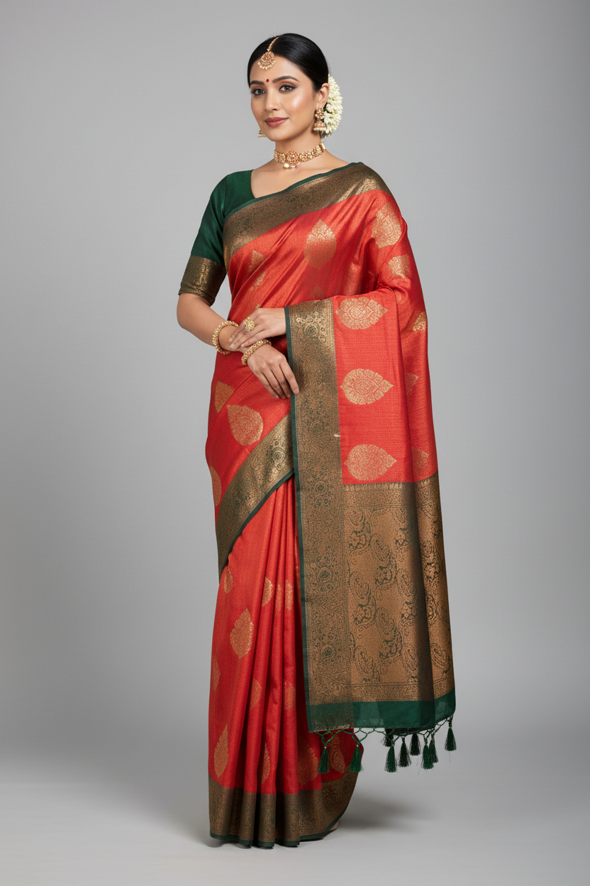 Soft Silk Saree Red Colour with Green Pallu