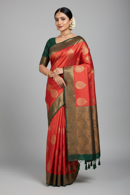 Soft Silk Saree Red Colour with Green Pallu