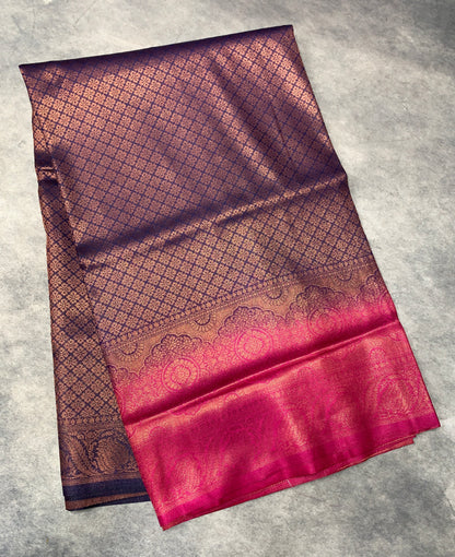 Soft Silk Saree Navy Blue Colour with Pink Colour Pallu