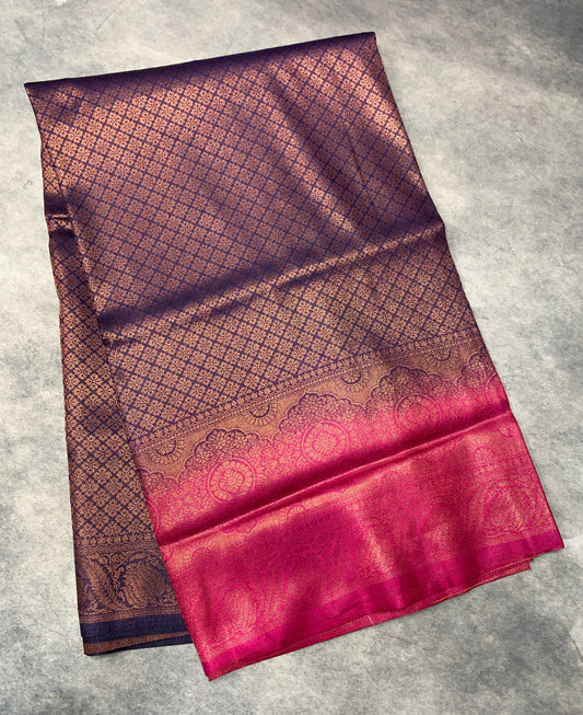 Soft Silk Saree Navy Blue Colour with Pink Colour Pallu