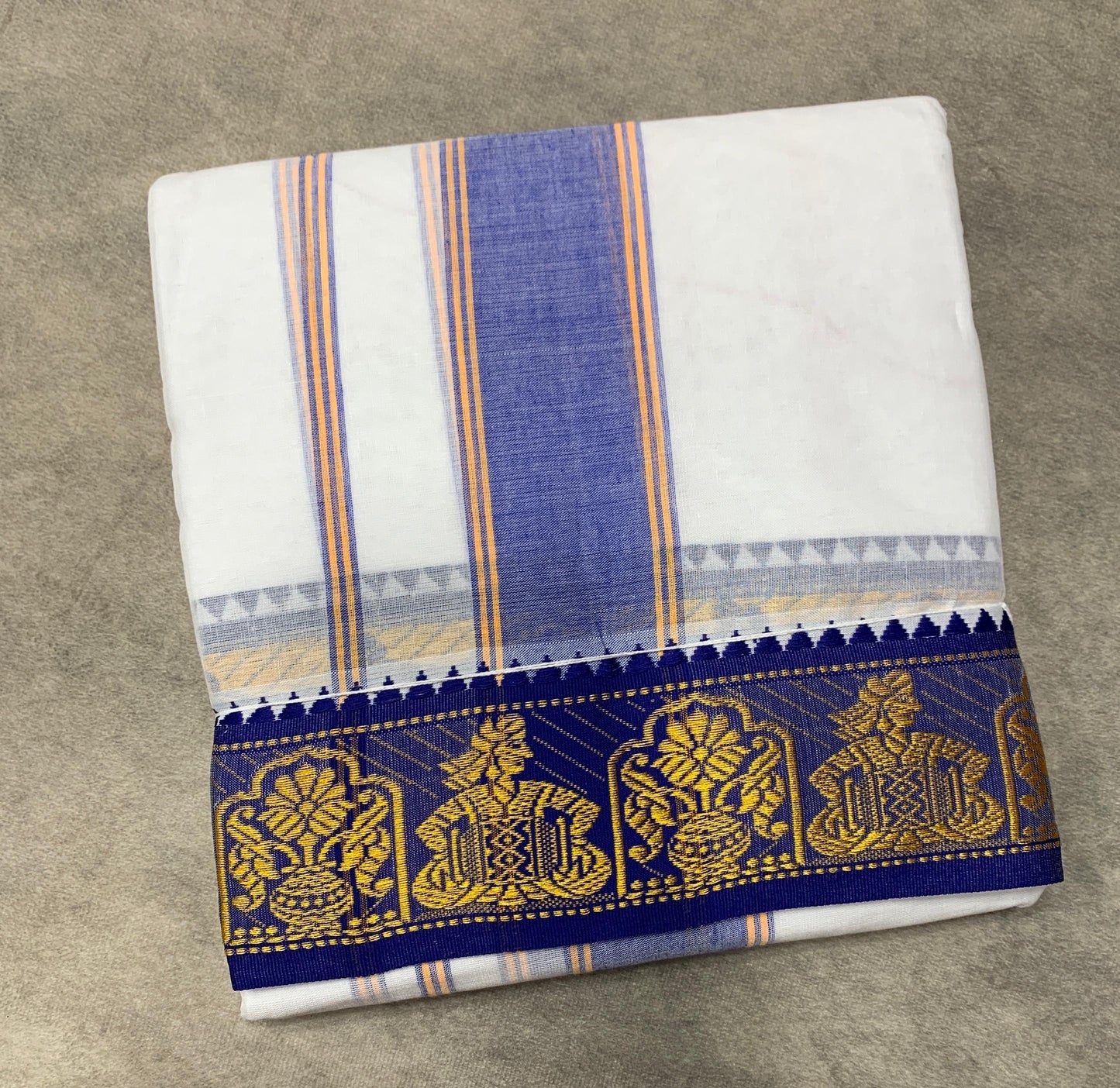 9X6 Cotton Dhoti White Colour with Blue and Pink Border with Angavastram