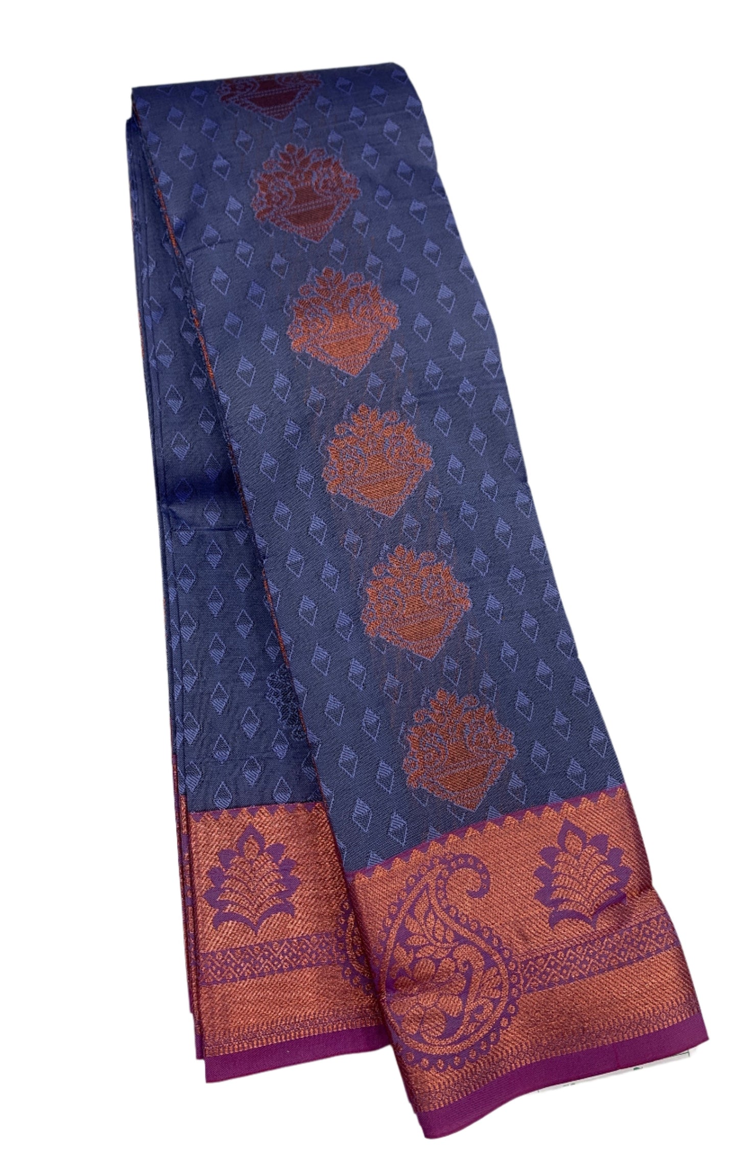 Vegan Silk Saree Gray Colour with Copper and Purple Border