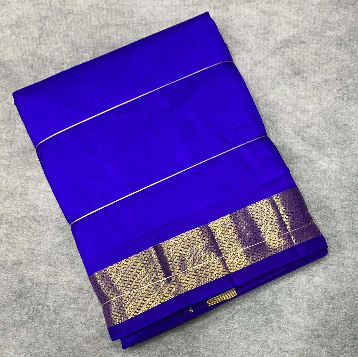 9X5 Pure Silk Dhoti Ink Blue with Large Golden Zari Border