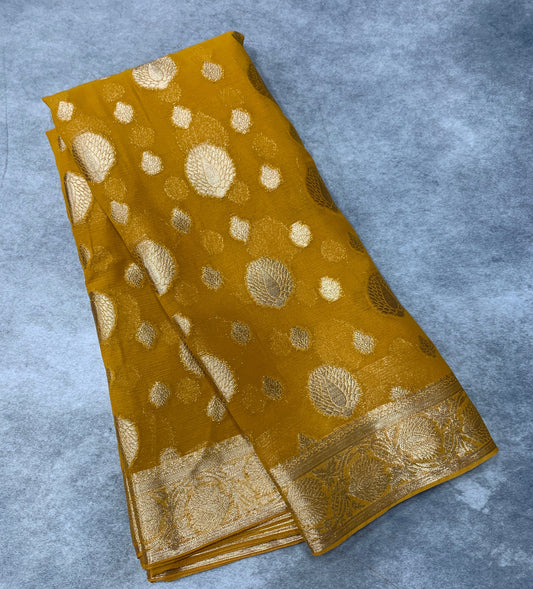 Georgette Saree Mustard Colour with Sliver Floral Design Border