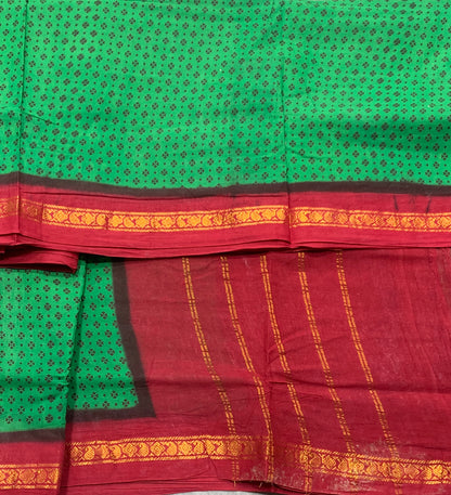 9 yards Cotton Saree Light Green Colour with Red Border