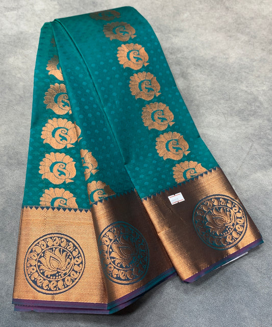 Vegan Silk Saree Rama Green Colour Saree with Copper Border