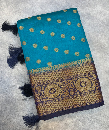 Crepe Saree Sky Blue Colour with Navy Blue Border