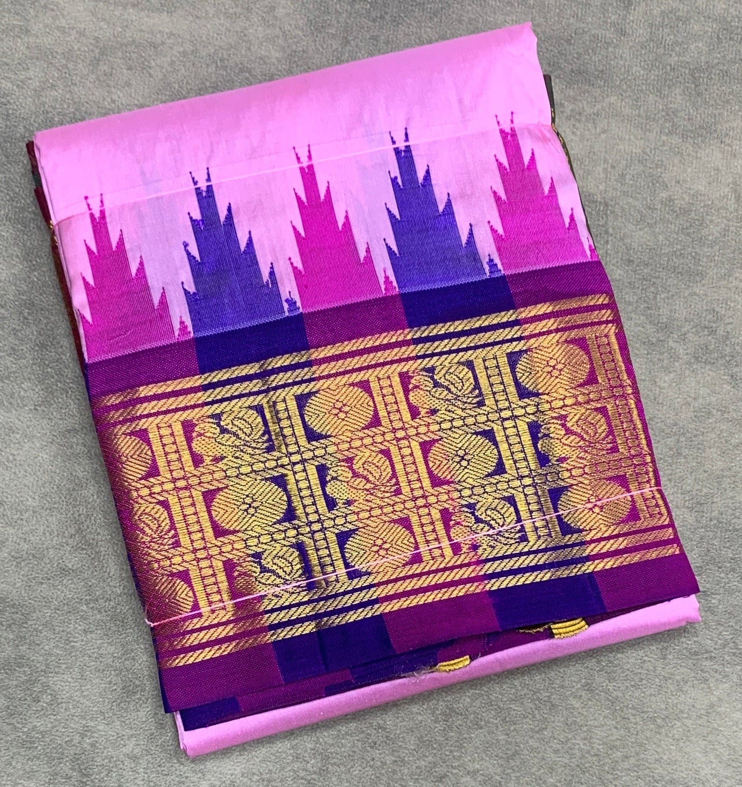6 Mulam Silk Pooja Towel Baby Pink Colour with Ganga Jamuna Korvai Border