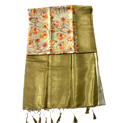 Digital Print Silk Saree Light Olive Green Colour