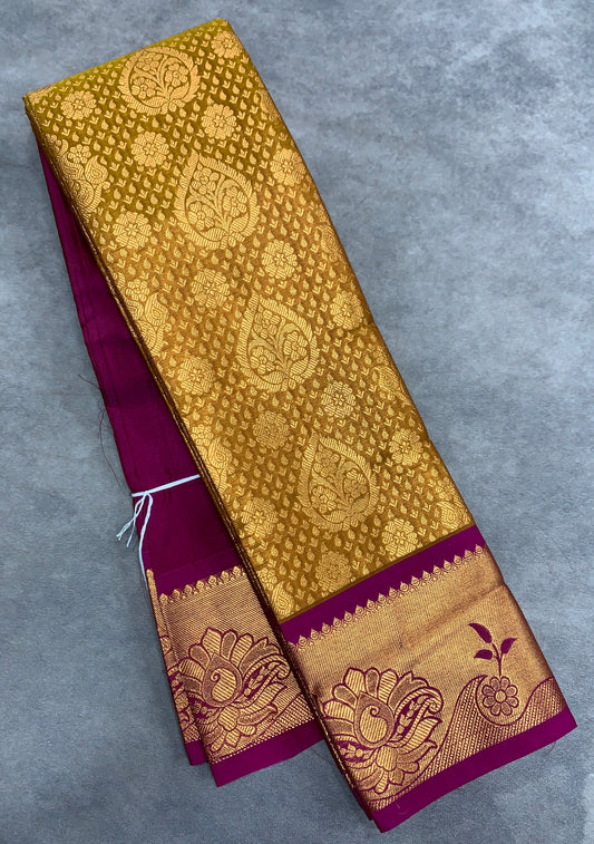 Vegan Silk Saree Golden Yellow Colour with Pink Border