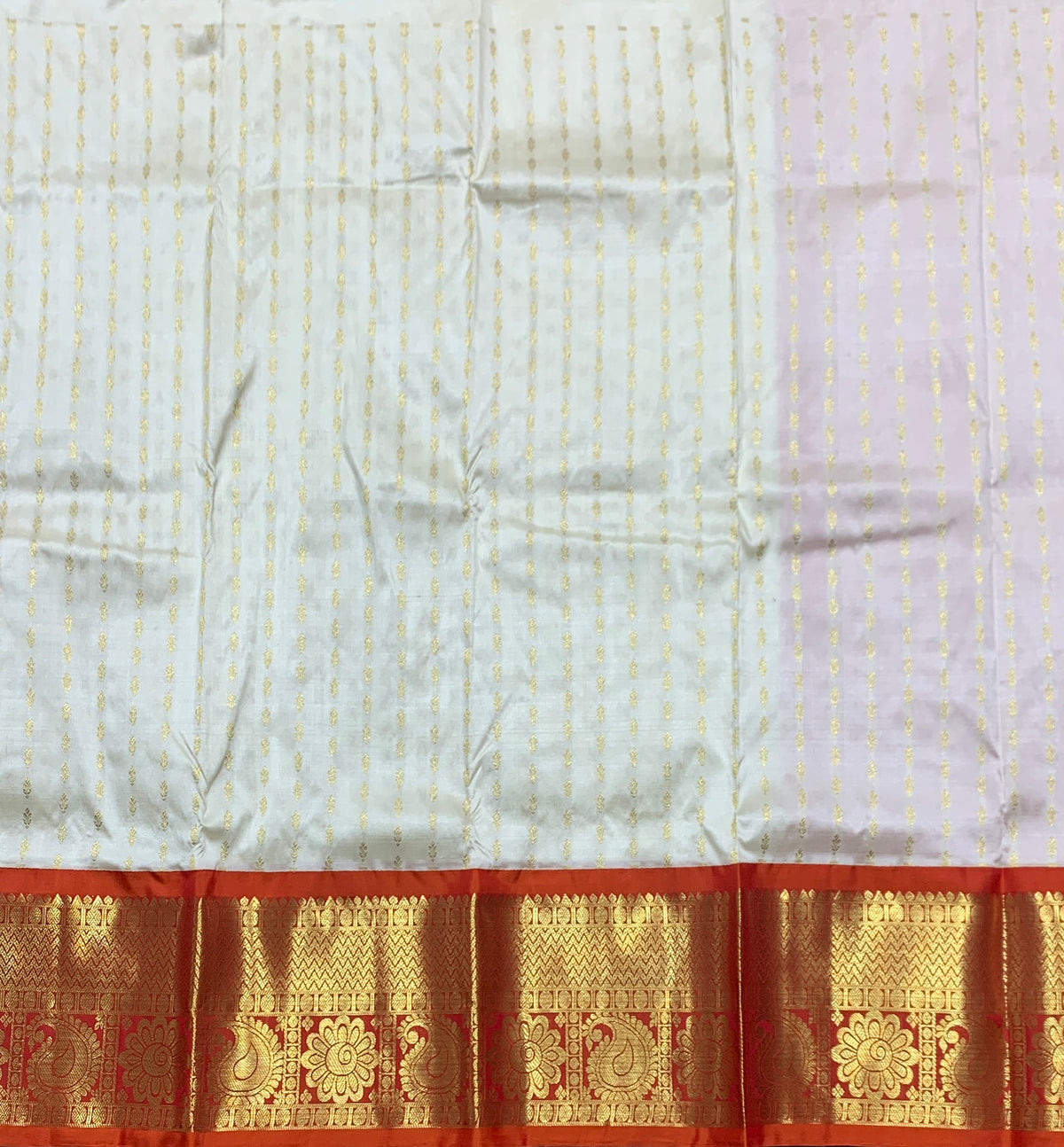 Ivory Shade Pure Kanchipuram Kids Pattu Pavadai with Contrast Border for age 2 to 5