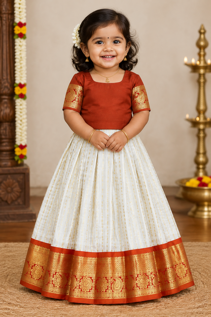 Ivory Shade Pure Kanchipuram Kids Pattu Pavadai with Contrast Border for age 2 to 5