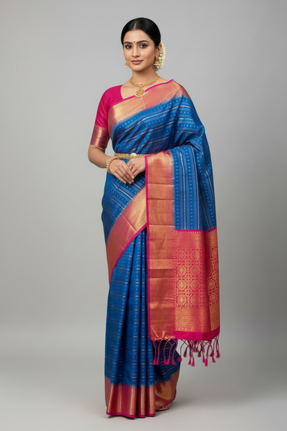 Soft Vegan Silk Saree Sky Blue Colour with Pink and Copper Border