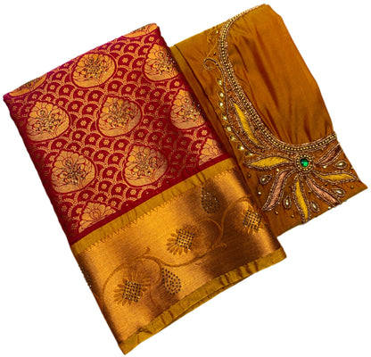 Bridal Vegan Silk Saree Pink shade with Mustard Border with Unstitched blouse in Aari work