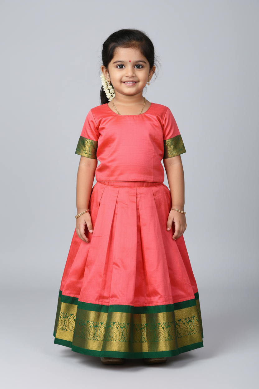 Peachish Pink Shade Pure Kanchipuram Kids Pattu Pavadai with Contrast Border for age 2 to 5