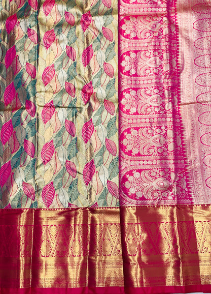 Green & Pink Leaf Soft Kanchi Tissue Pattu Saree with Pink border