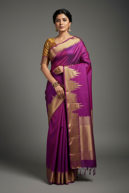 Pure Kanchipuram Silk Saree Dual Magenta Colour with Temple Border