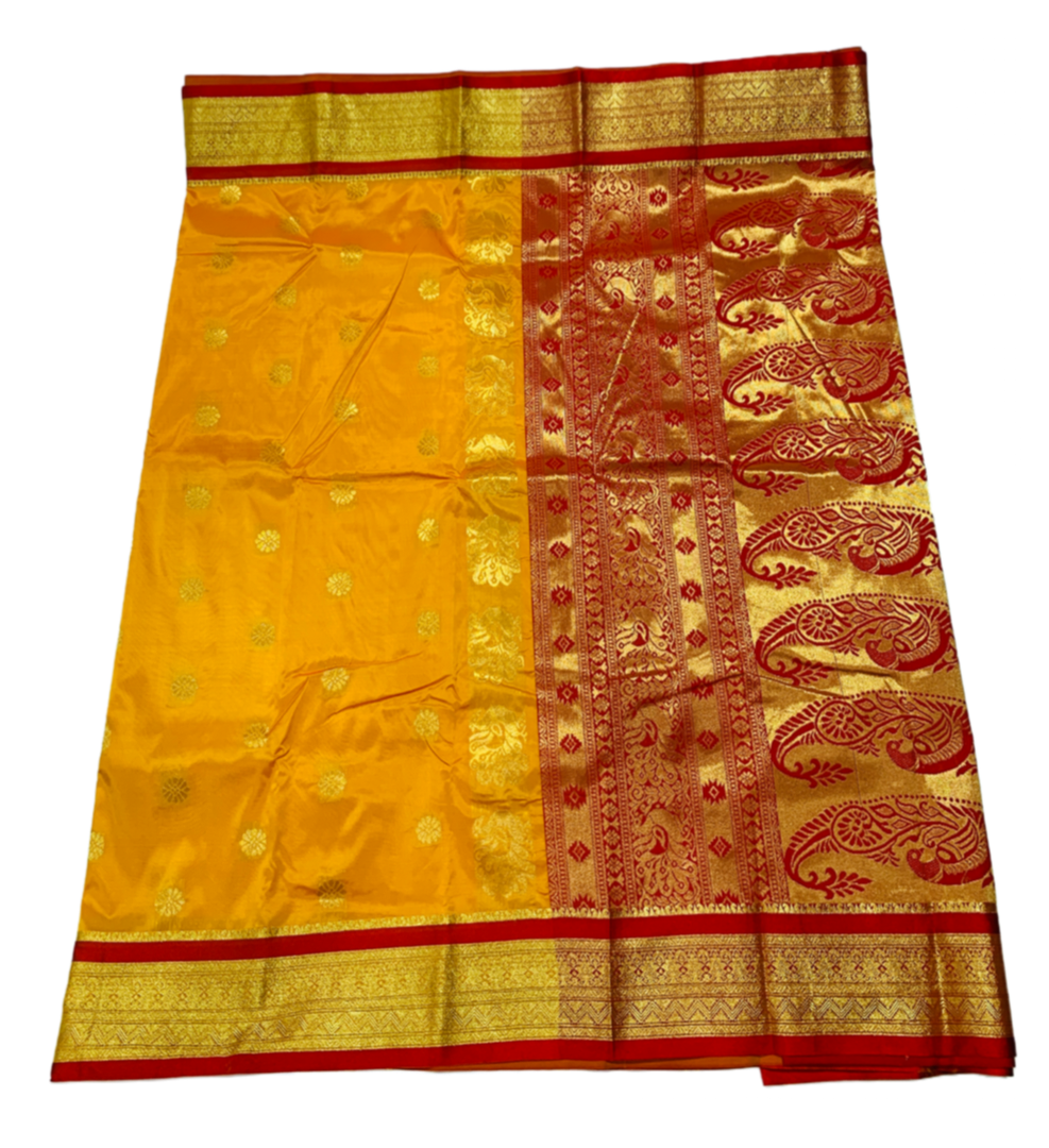 Mango Yellow shade saree with Golden and Red Border