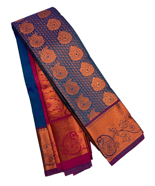 Vegan Silk Saree Blue Colour with Copper and Purple Border