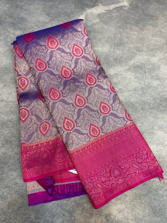 Fancy Tissue Saree Blue Colour with Pink Border