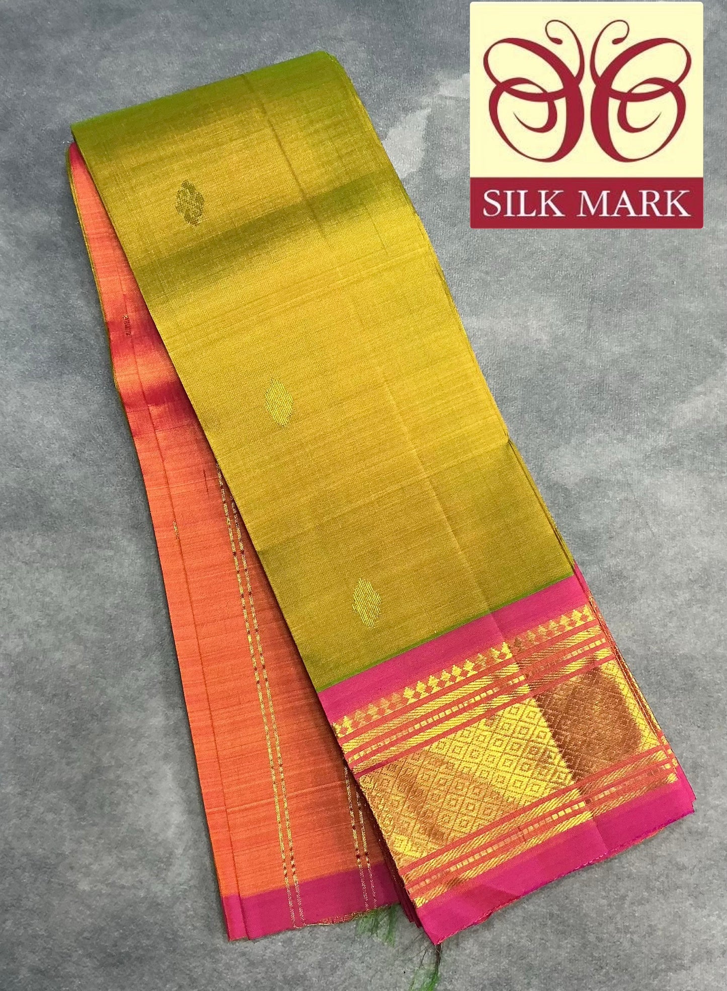 Pure Kanchipuram Silk Saree Lime Green Colour with Pink Gold Zari Border