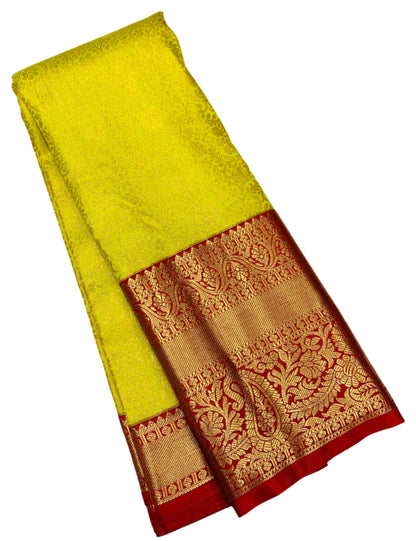 Lemon Yellow Colour Semi Silk Saree with Big Red Border