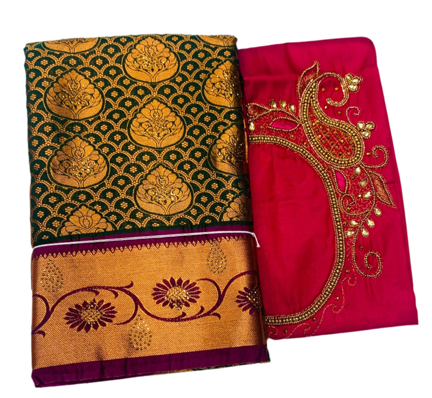 Bridal Vegan Silk Saree Green shade with Purple Border with Unstitched blouse in Aari work