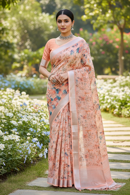 Jute Cotton Saree Peach Shade with Thread Border