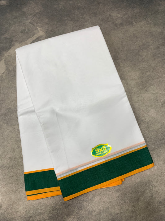 9X5 Cotton Dhoti White Colour with Green and Yellow Border