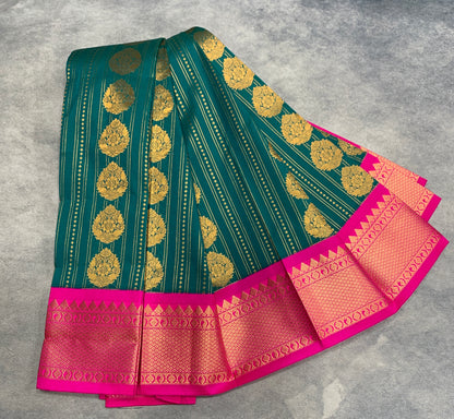 Vegan Silk Saree Teal Green Colour Saree with Pink Colour Contrast Border