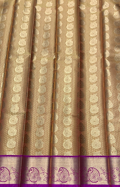 Vegan Silk Saree Golden Yellow Colour with Pink and Copper Border