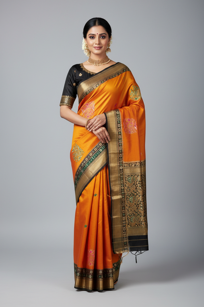 Pure Kanchipuram Silk Golden Colour with Block Colour Thread Work Border