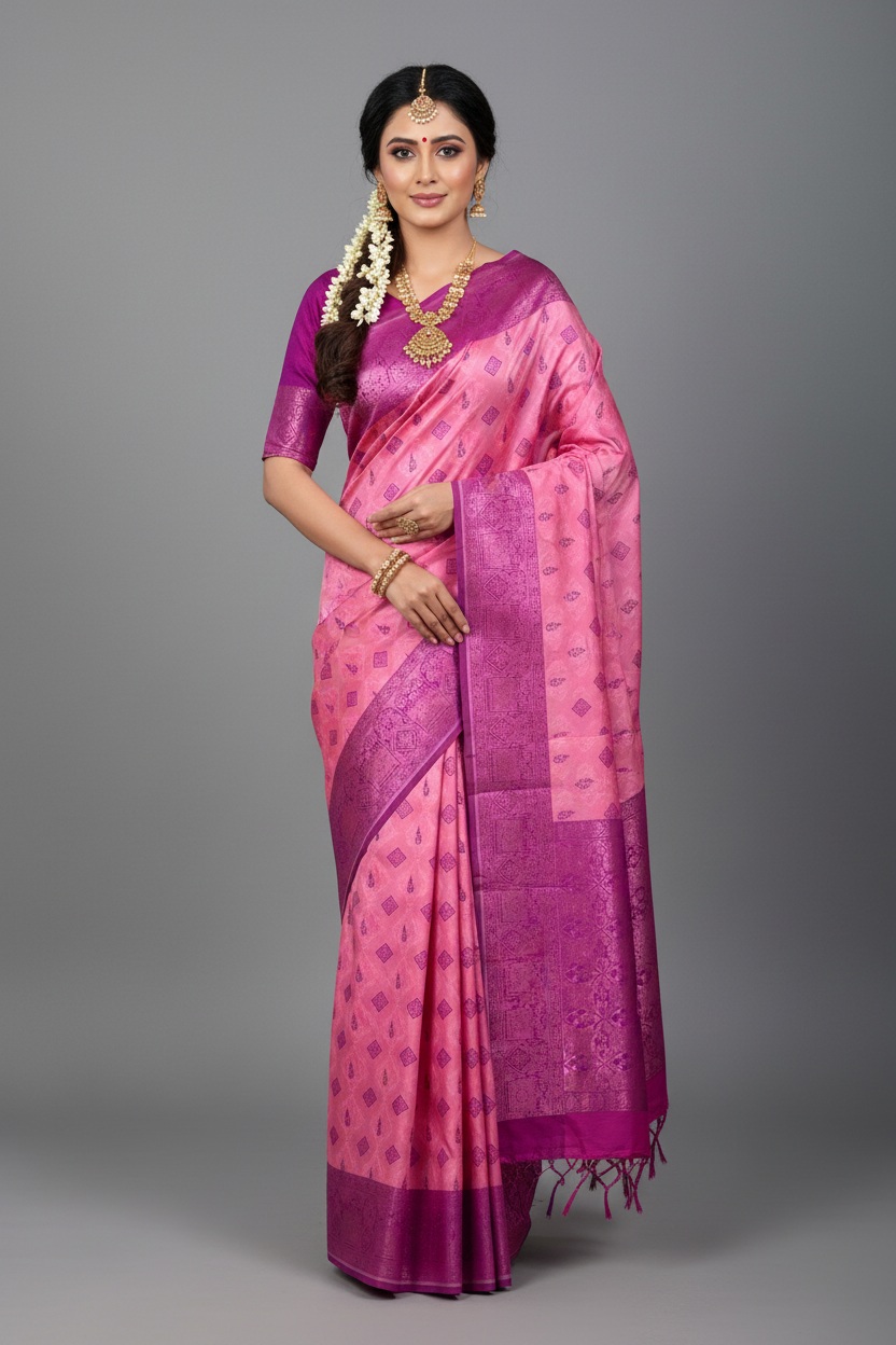 Baby Pink Colour Art Silk Saree with Magenta Border