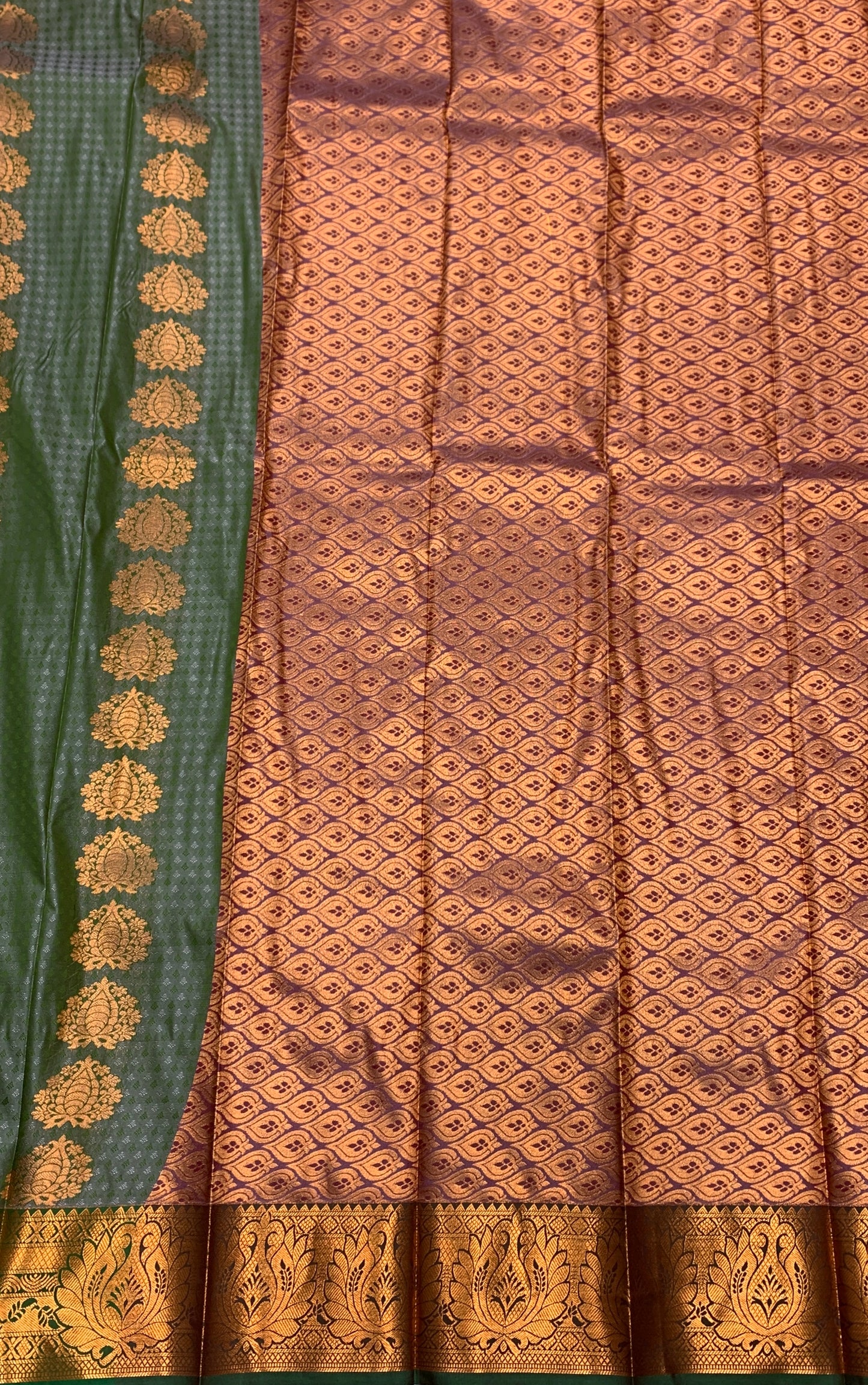 Vegan Silk Saree Green shade with Copper Border