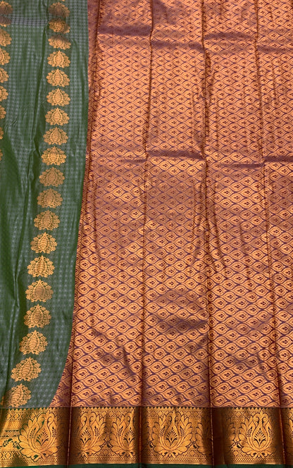 Vegan Silk Saree Green shade with Copper Border