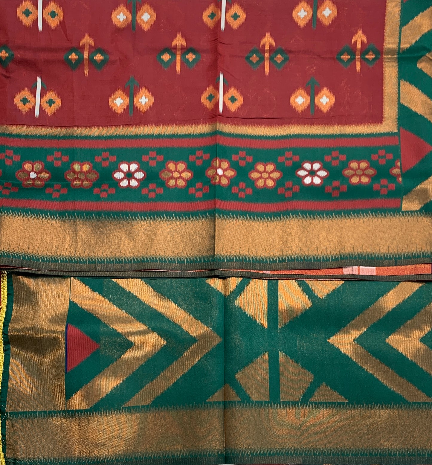 Pochampalli Semi Silk Saree Maroon Colour with Green Border