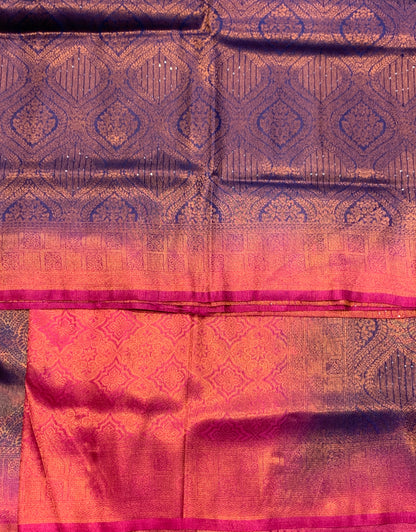 Soft Silk Saree Blue Colour and Stone Work with Pink Colour Pallu