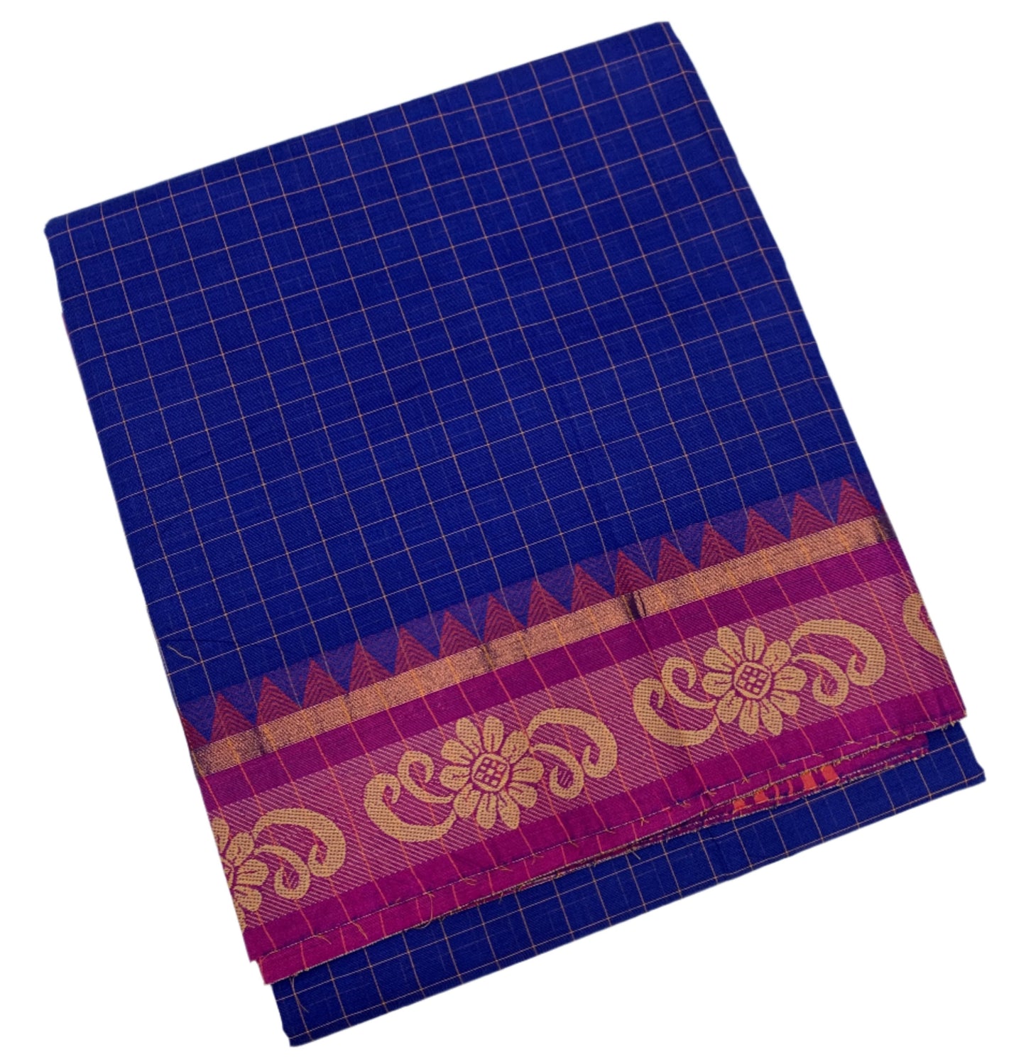 Chettinad Cotton Saree Blue with Pink and Flower Design Border