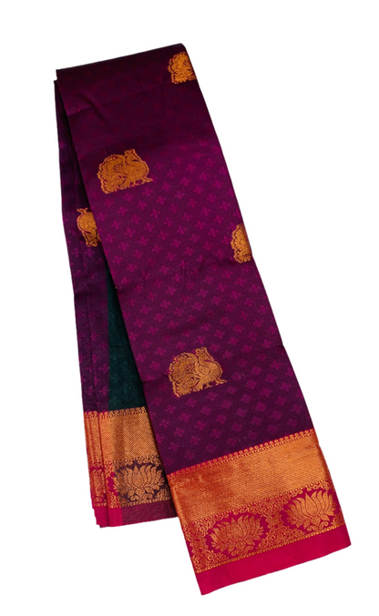 Magenta Shade Silk Cotton Saree with Copper Zari Border and Floral Design