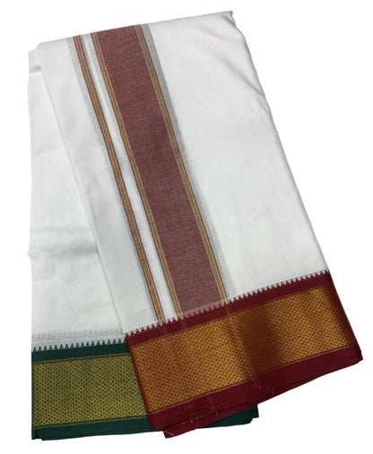 10X6 Cotton Dhoti White Colour with Large Maroon and Green Border